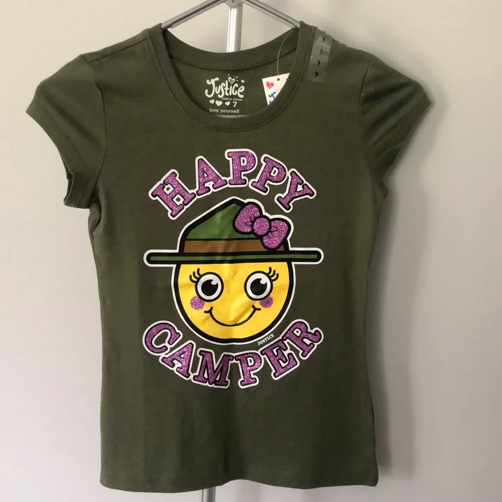 Justice Happy Camper Smiley Face T Shirt Size 7